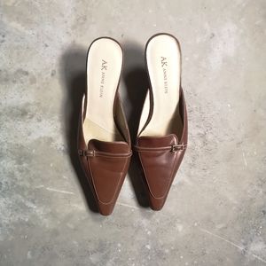 Anne Klein Brown Leather kitten heel mules